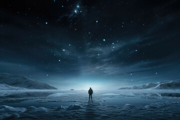 Person standing on a frozen lake, looking up at the stars