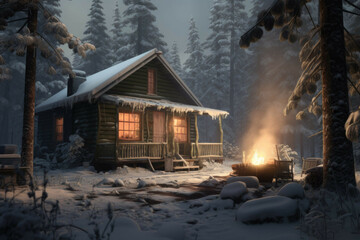 A cozy cabin in the snow-covered woods.