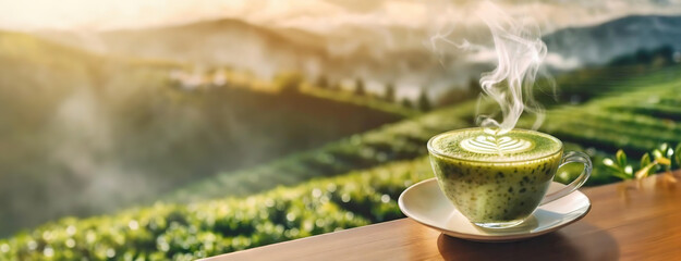 Aromatic matcha tea with a delicate foam art, overlooking tea fields. This warm cup is set before a vista of vibrant green rows of tea. Panorama with copy space. - obrazy, fototapety, plakaty