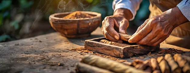 Foto auf Acrylglas Havana Hands expertly assemble cigars on a rustic table. Focused craftsmanship is evident as the individual rolls the tobacco with precision, with a bowl of leaves in the background.