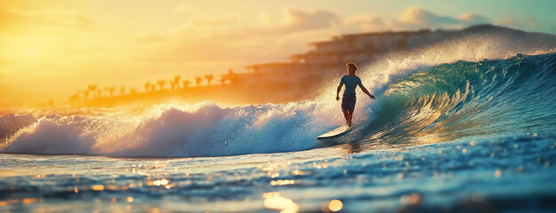 Surfer riding a wave during a breathtaking sunset at the beach. The warm golden light bathes the...