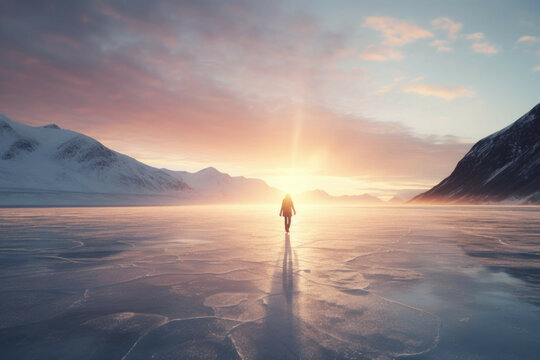 Ice skating on a frozen lake at sunset.