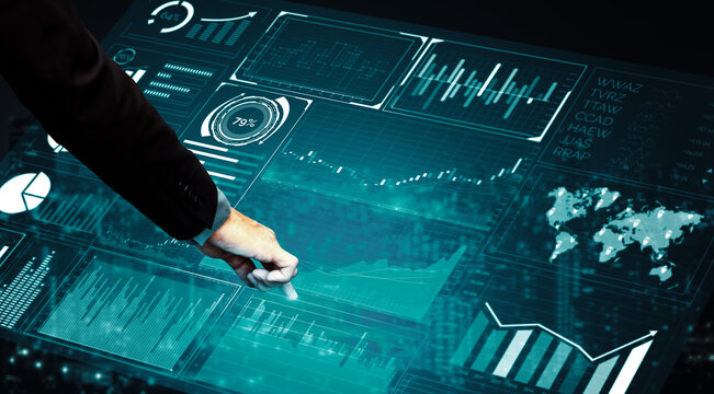 Big Data Technology for Business Finance Analytic Concept. Modern graphic interface shows massive information of business sale report, profit chart and stock market trends analysis on screen monitor. - Powered by Adobe