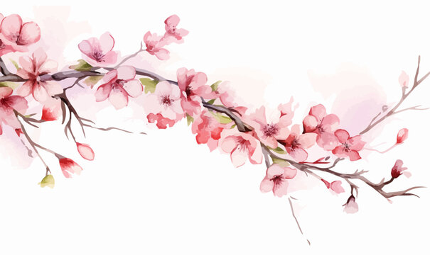 Watercolor floral Border Sakura, Cherry blossom, spring flowers, branch, twig, wedding