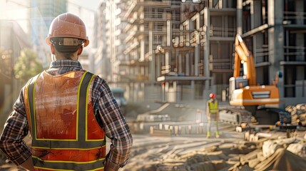 an architect or builder standing in front of a construction site with his arms crossed and a casual demeanor reflecting professionalism in a construction environment.