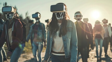 group of zombies walking with daytime virtual reality glasses in high resolution and high quality. concept of real zombies walking, virtual reality