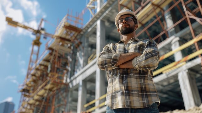 an architect or builder standing in front of a construction site with his arms crossed and a casual demeanor reflecting professionalism in a construction environment.