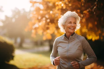 Poster Happy senior woman jogging in autumn park. Smiling senior woman jogging outdoors. © Татьяна Евдокимова