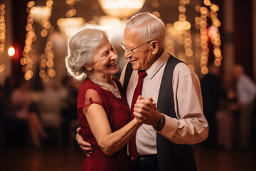 Obraz premium Beautiful senior couple dancing together. They are looking at each other and smiling