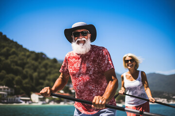 Senior couple with rowing boat in the sea. Active senior couple on vacation.