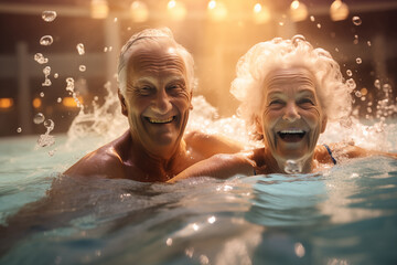 Portrait of smiling senior couple relaxing in swimming pool at spa center - obrazy, fototapety, plakaty