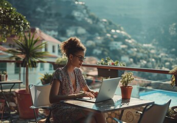 Digital nomad with laptop working on seaside terrace generative ai art