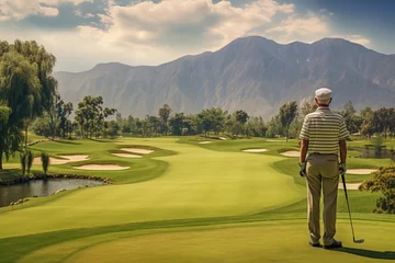 Fotobehang Elderly golfer on a golf course in a beautiful landscape of mountains © Татьяна Евдокимова
