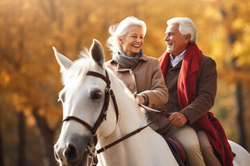 Obraz premium Senior couple with white horse in autumn park. They are looking at camera and smiling