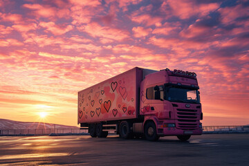 A pink truck adorned with hearts parked on a scenic road against a vivid sunset backdrop, conveying a whimsical journey.