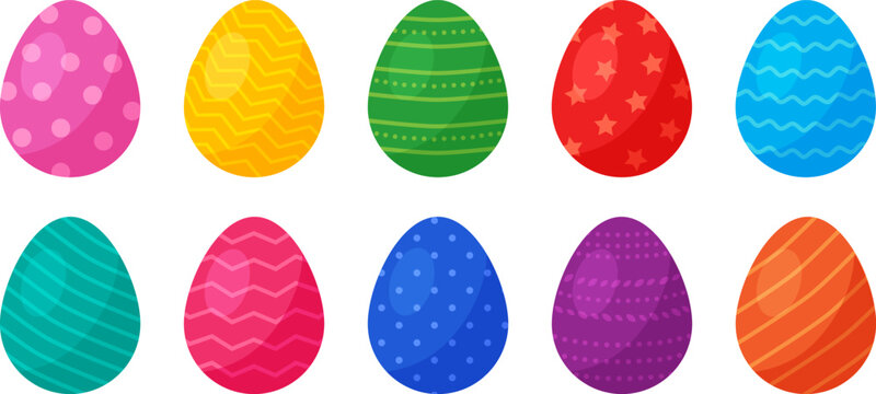 Easter egg, cartoon spring vector icon, Easter eggs hunt, cute color decoration with drawing ornament. Bright april collection isolated on white background. Holiday illustration