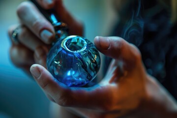 Pipe in Hand: A close view of hands holding a blue glass smoking pipe, preserving privacy.