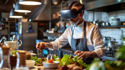 kitchen chef cooking with virtual reality glasses in a real kitchen in high definition and quality