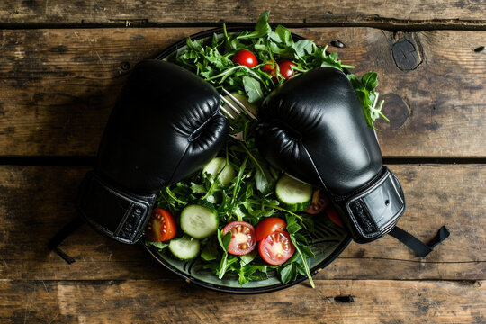 Conceptual image of boxing gloves and a salad plate, emphasizing the discipline required to maintain a healthy diet