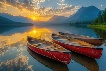 Majestic mountain backdrop: The beauty of a serene lake accentuated by the rising or setting sun behind imposing mountains.