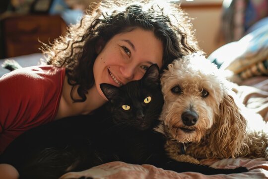 Home sweet home: A woman's joyful connection with her pets as she smiles, cradling a black cat and sharing a tender moment with her curly-haired dog