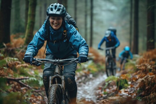 Biking through nature: Cyclists enjoy a ride through a dense forest, surrounded by towering trees and fallen leaves.