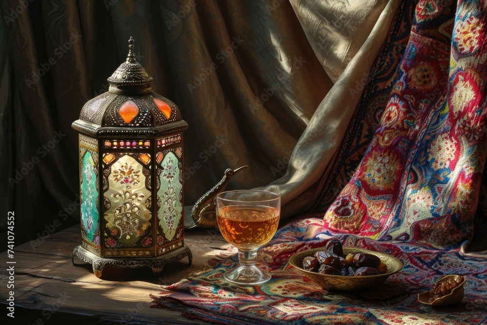 Wall mural lantern-lit table: a cozy middle eastern tableau with a lantern casting patterned shadows, showcasin