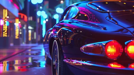 Tuinposter Luxurious dark car on city street at night, illuminated by vibrant city lights © svetlanais