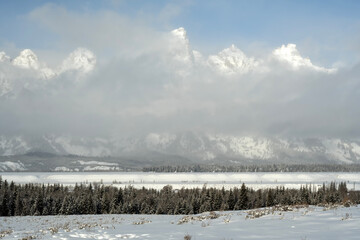 Tetons poking through the fog in Jackson Hole; Grand Teton NP; Wyoming