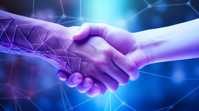 Close up of two businessmen shaking hands in city with double exposure of blurry network interface and planet hologram. Concept of internet and partnership. Toned image