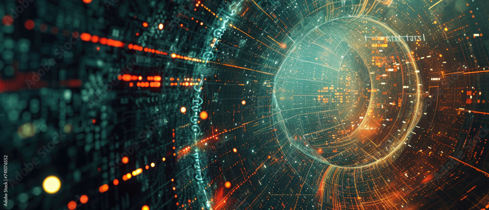 Wall mural abstract cyber technology background, data pattern and information lights in dark digital space. con