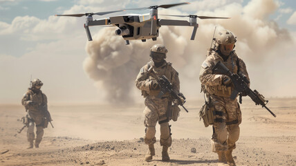 Soldiers and drone in desert during war, military walk with weapon using modern uav for surveillance. Concept of US army, intelligence, warfare, technology