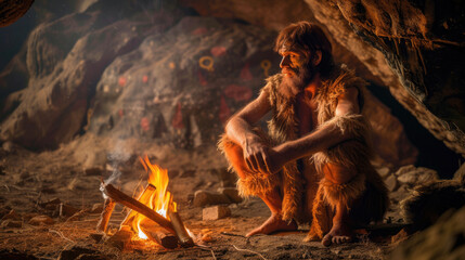 Neanderthal man sits by fire in cave, portrait of caveman near bonfire against primitive art, life of people in prehistoric era. Concept of Homo Sapiens, ancient, Stone Age