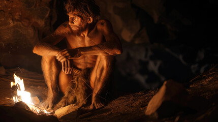 Neanderthal man sits by fire in cave, portrait of caveman near bonfire on dark background, life of people in prehistoric era. Concept of Homo Sapiens, ancient, - obrazy, fototapety, plakaty