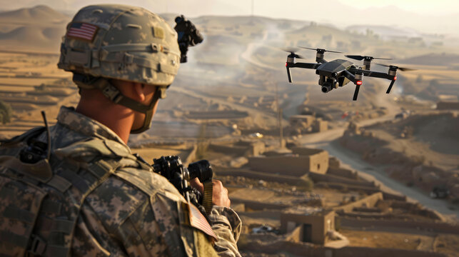American soldier uses small drone for surveillance, military man controls modern uav during war. Concept of US army, intelligence, warfare, technology, USA,