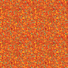 Confetti seamless pattern. Bright orange dotted mosaic texture. Abstract geometric seamless pattern. Green, yellow, red dots on the orange background