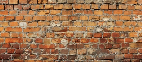 A detailed close up of a brown brick wall showcasing the intricate pattern of rectangular bricks. The building material is sturdy and adds a rustic charm to the stone wall