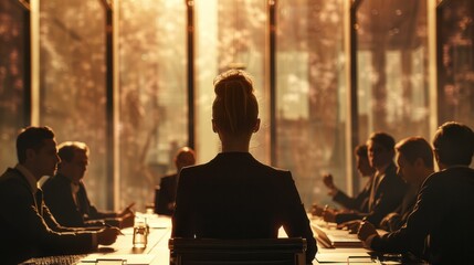 Businesswoman confidently leading a corporate meeting, demonstrating her superior organizational and decision-making skills - obrazy, fototapety, plakaty
