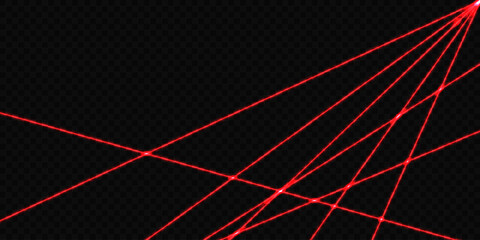 Vector illustration of red laser beams. Abstract neon lights isolated on transparent black backdrop
