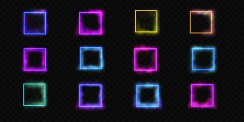 Set of neon square portals. Design elements. Various glowing laser frames with colorful haze on transparent backdrop