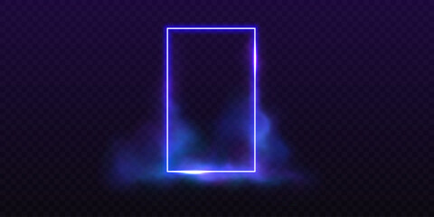 Glowing neon geometric portal. Vector illustration. Blue colored neon frame with haze on transparent backdrop