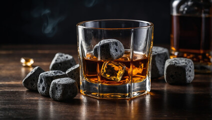 glass of whiskey with cooling stones and ice. Dark gray bourbon stones.