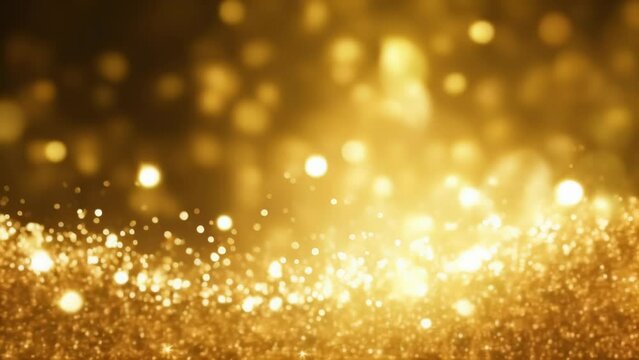 Festive background adorned with golden sparkles, radiant particles, bokeh effects. Gold backdrop. Ideal for holiday-themed advertising, banners, posters, greeting cards. Copy space.