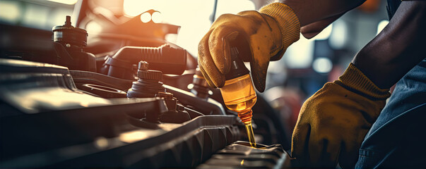 Car mechanic replace oil in vehicle. - obrazy, fototapety, plakaty