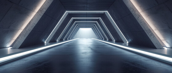 Obraz premium Abstract concrete tunnel background, minimalist design of futuristic corridor with sloped walls and white led light. Perspective of warehouse or garage. Concept of hall, room, interior