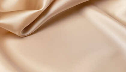 Fototapeta premium Silk atlas soft tender beige color fabric with shiny curve in corner macro