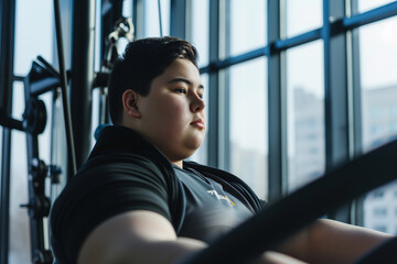 Fototapeta na wymiar Portrait of a nice fat boy in the gym