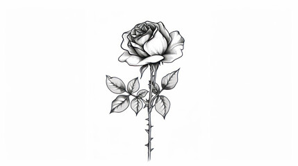 Detailed sketch of a blooming rose with leaves on a stem