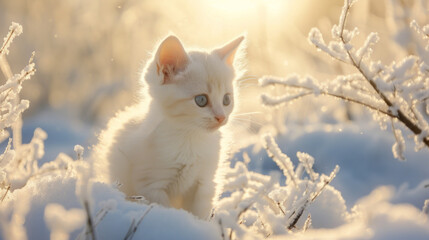 Cute little kitten in the snow at sunset. Beautiful winter scene.