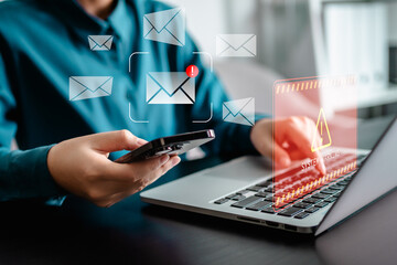 Businesswomen checking email via smartphone have spam malware screen alerts, cyber internet web hack attacks, warning errors, sniffing attacks, phishing, cybersecurity network concept - obrazy, fototapety, plakaty
